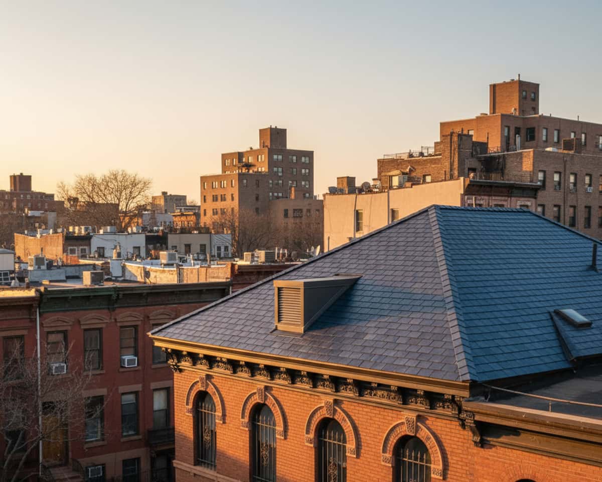 Team of roofers installing new vents on a residential roof in Brooklyn.