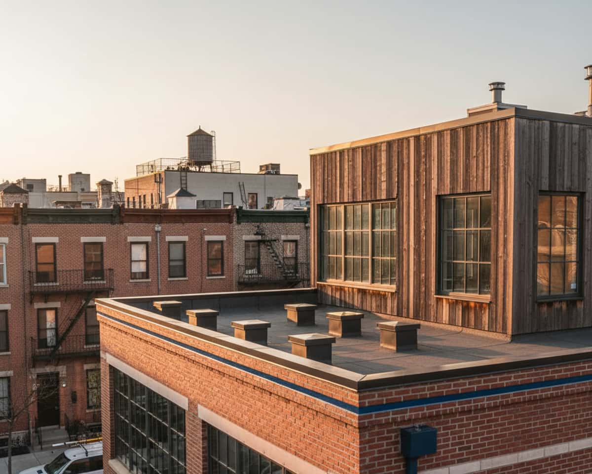 A modern Bushwick home with newly installed, discreet loft ventilation components blending with the roof.