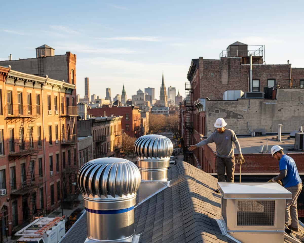 TipTop Roofing Williamsburg crew inspecting a roof, focusing on ventilation systems on a sunny day in Brooklyn.