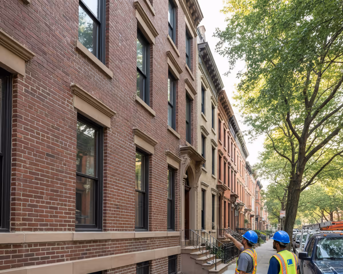 A newly restored brick facade on a Brooklyn building, showcasing high-quality masonry work and attention to detail.