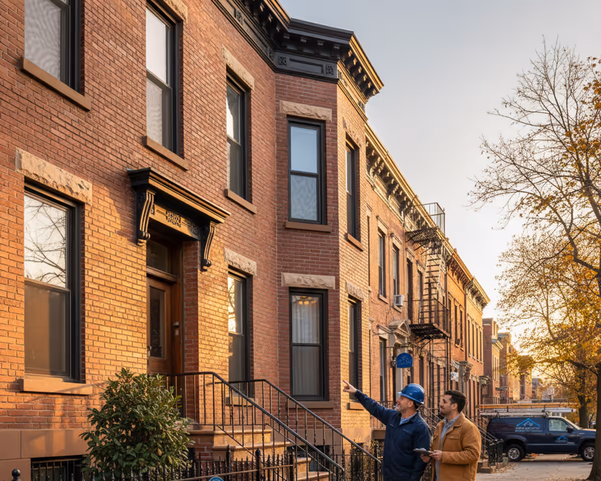 Restored brick facade of a charming building in Bushwick, demonstrating superior masonry craftsmanship.