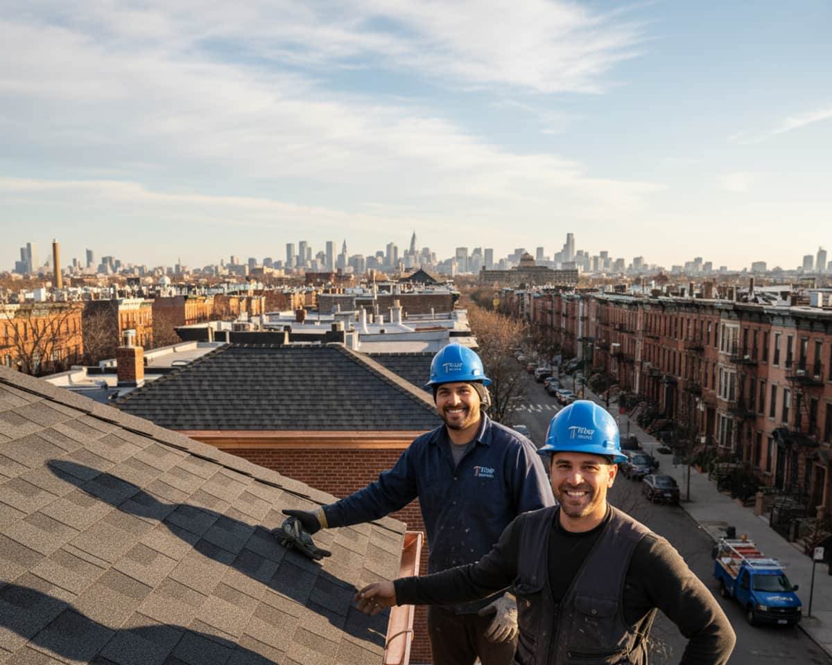 TipTop Roofing team members on a job site, smiling next to a finished roof with a Brooklyn street in the background