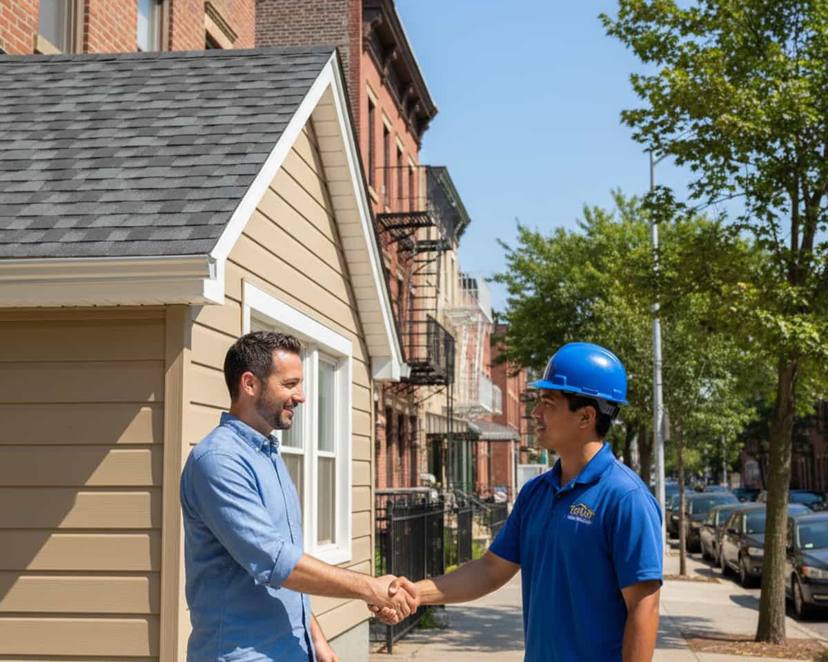 A happy customer shaking hands with a TipTop Roofing Williamsburg contractor after a successful roof inspection.