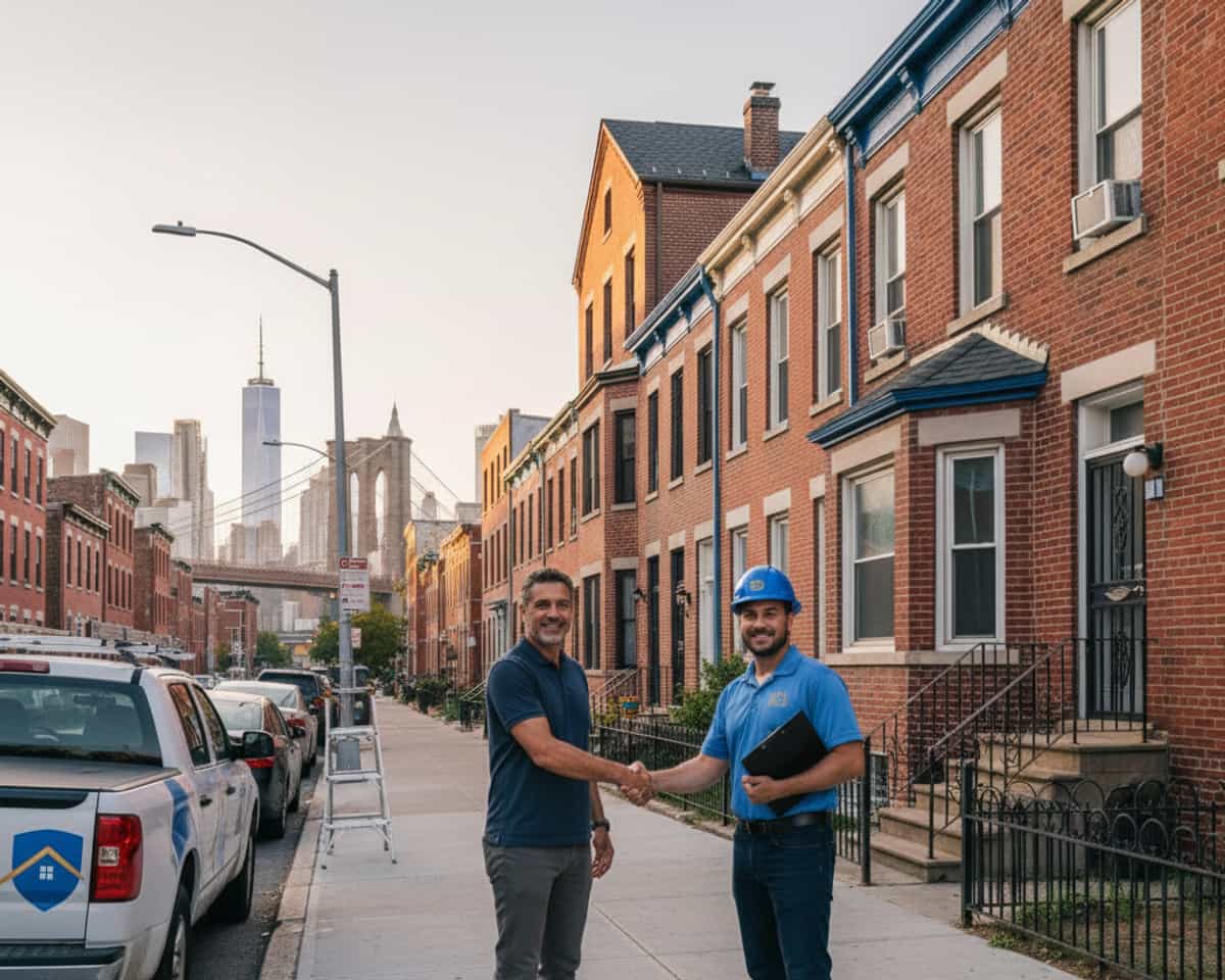 Happy East Williamsburg homeowner shaking hands with a TipTop Roofing representative after a completed service.