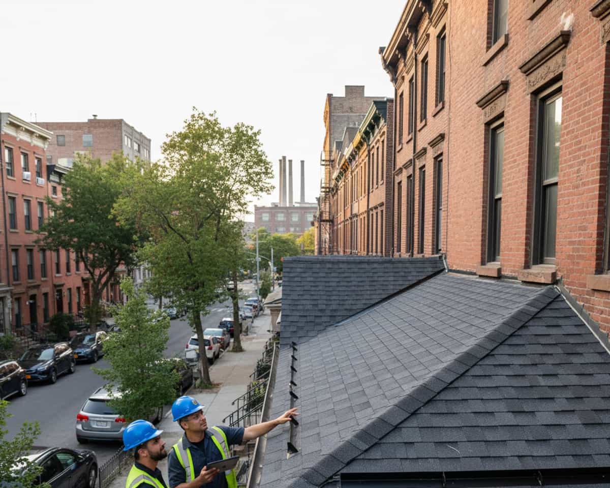 TipTop Roofing Williamsburg team members discussing a detailed inspection report on a Greenpoint street.