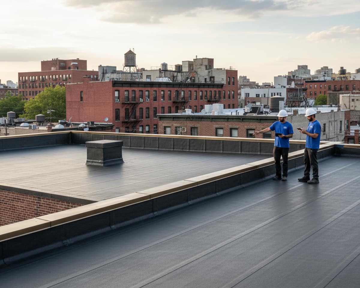 Roofing team working on a commercial flat roof installation in Bushwick, ensuring durable, watertight results.