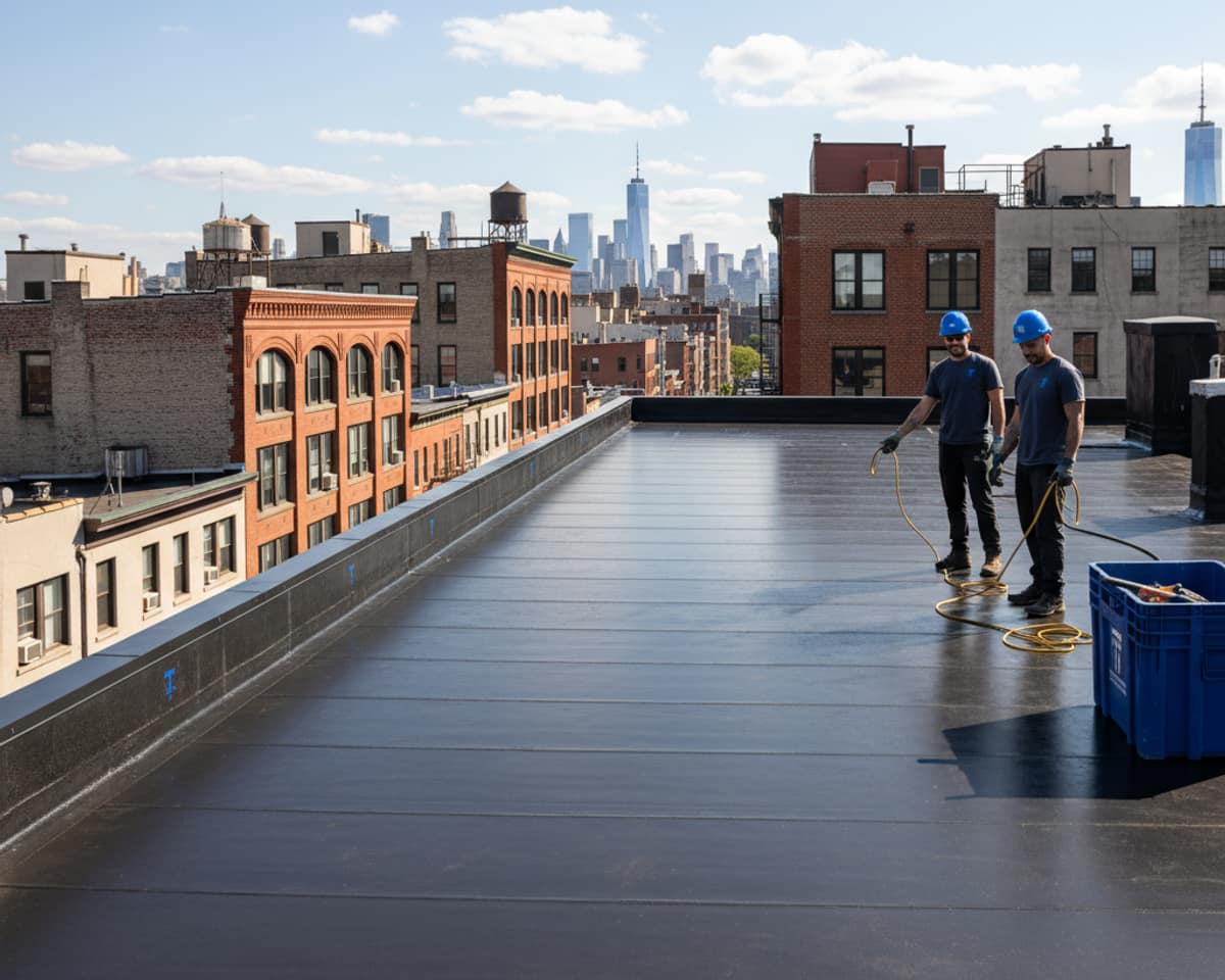 Team of roofers thoroughly installing a new flat roof system on a commercial building in Greenpoint.