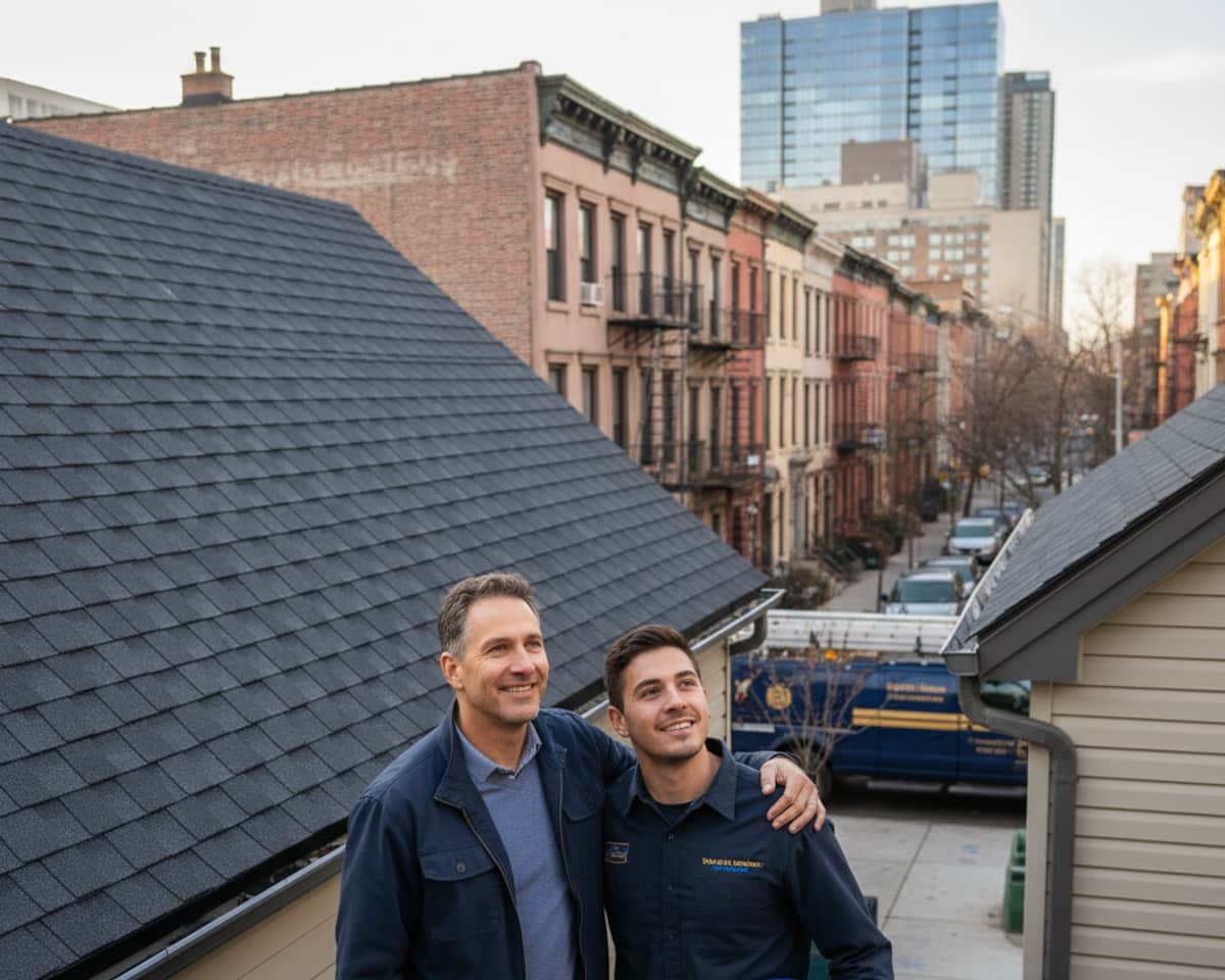 TipTop Roofing Williamsburg crew completing a roof installation project, with a customer smiling in the foreground.
