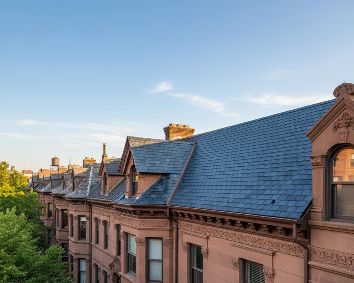 Completed roof repair on a residential building in Bedford-Stuyvesant, showcasing new shingles