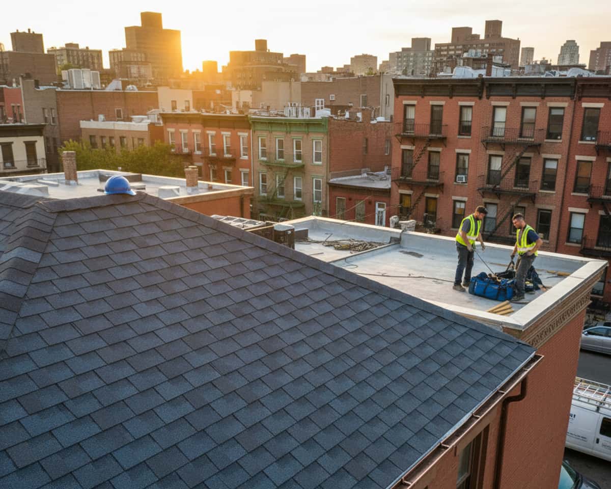 A freshly repaired section of a shingle roof on an East Williamsburg home, showing quality craftsmanship.
