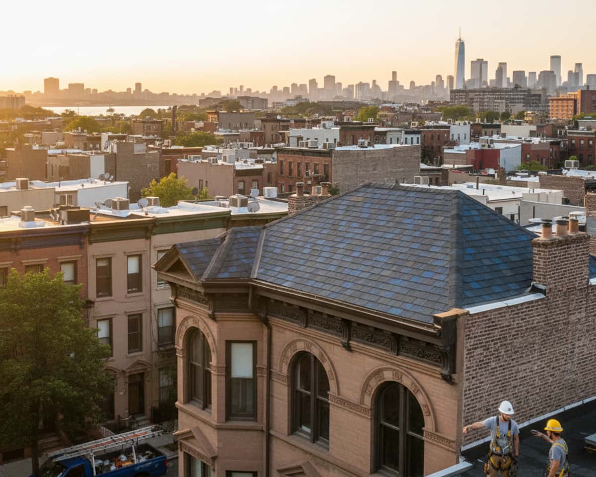 A newly repaired shingle roof on a residential home in Greenpoint, showing quality workmanship