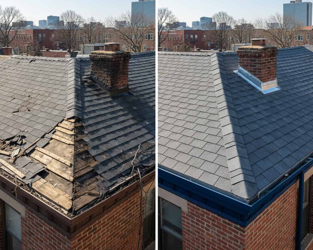 Before and after photos of a damaged roof section, now fully restored by TipTop Roofing Williamsburg.