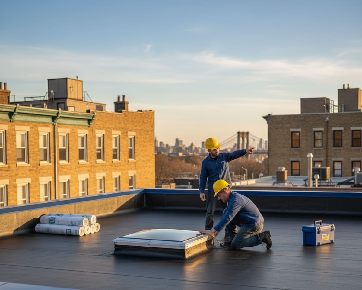 Pristine flat roofing system installed on a commercial building in Brooklyn, showcasing quality.