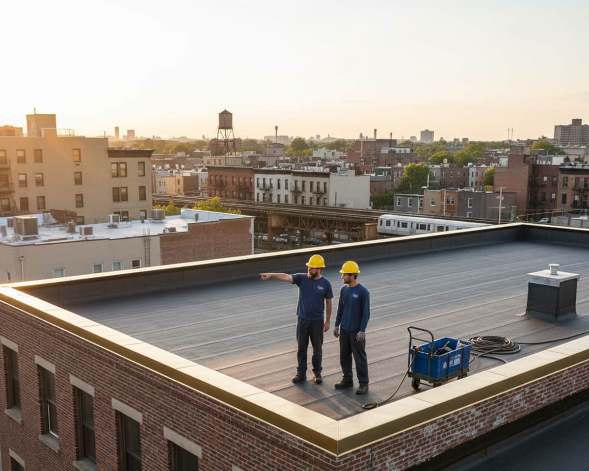 Newly installed flat roof system on an East Williamsburg commercial building, showcasing quality workmanship.