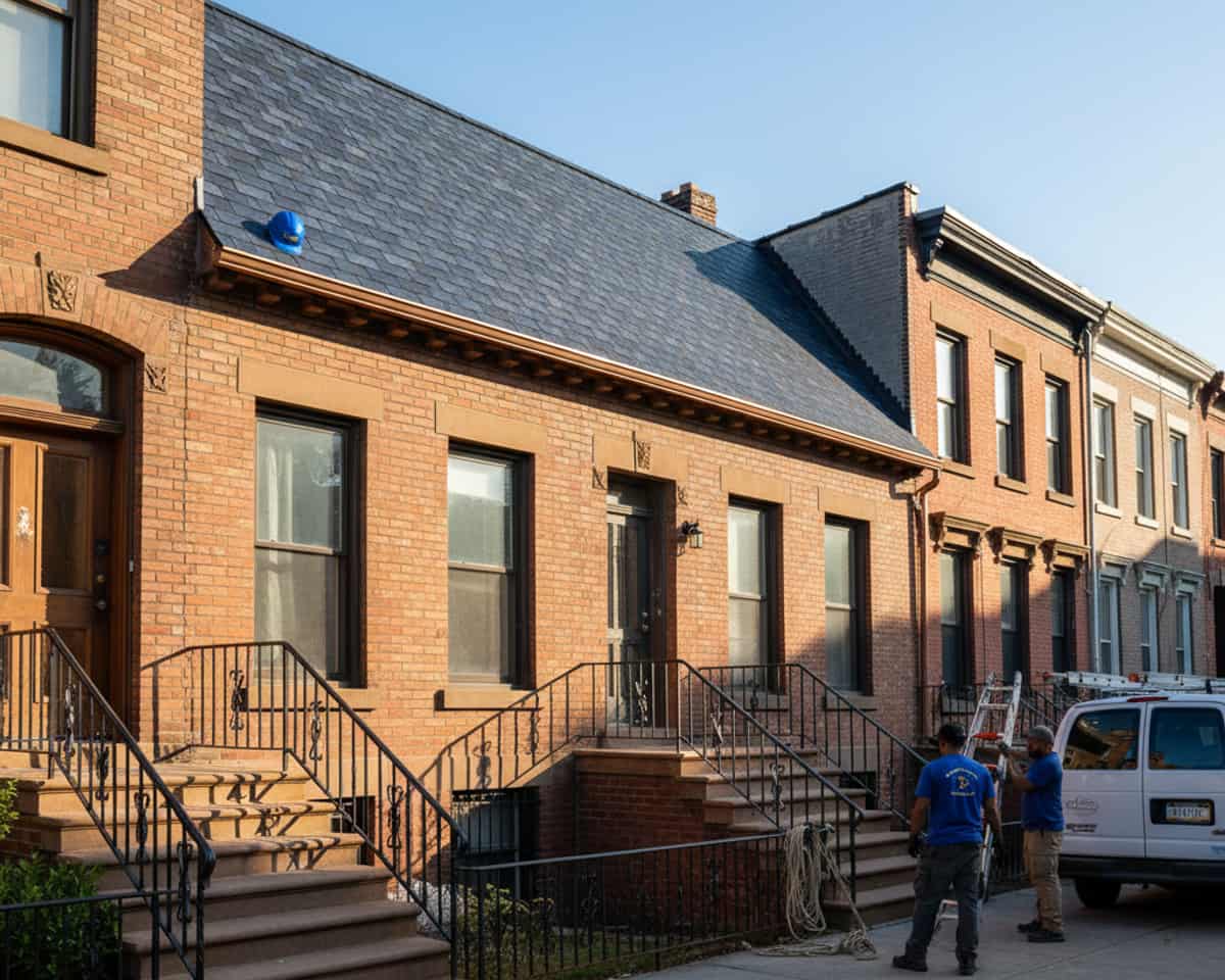 A newly completed roof replacement project on a charming Brooklyn brownstone, showcasing quality craftsmanship.