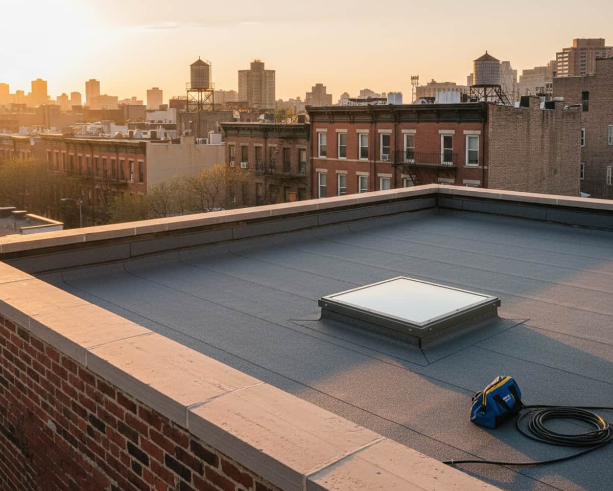 A newly installed flat roof on a brownstone in Williamsburg, showcasing durable new roofing materials.