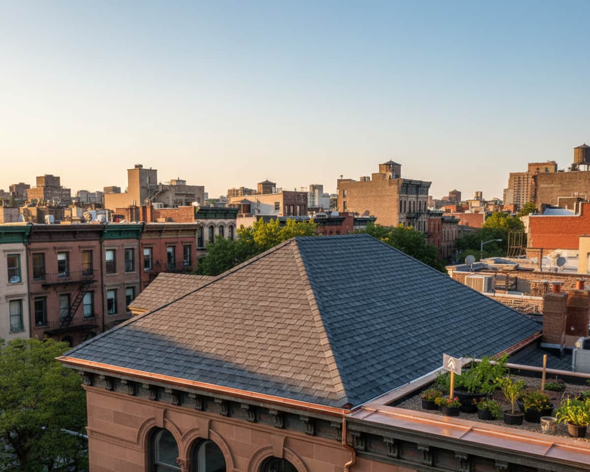 Close-up of high-quality asphalt shingles being perfectly laid by a skilled roofer in Brooklyn.