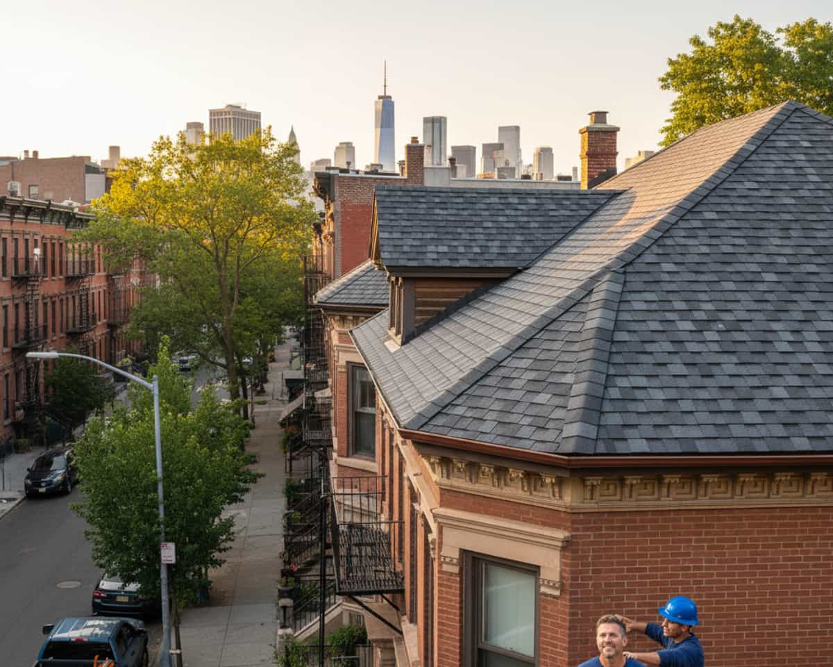 TipTop Roofing crew thoroughly installing shingles on a residential roof in East Williamsburg, ensuring precision.