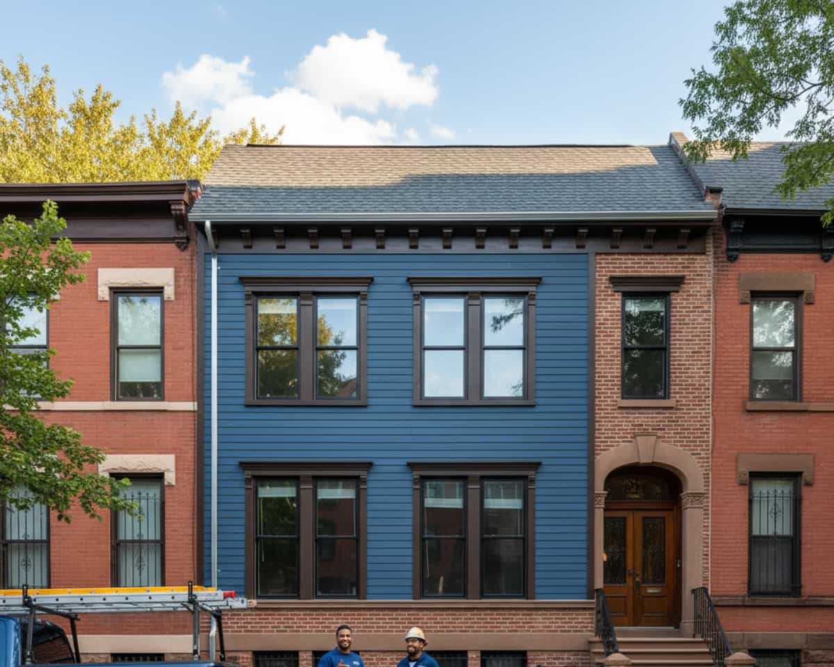 Newly installed blue siding on a renovated house in Bedford-Stuyvesant, Brooklyn