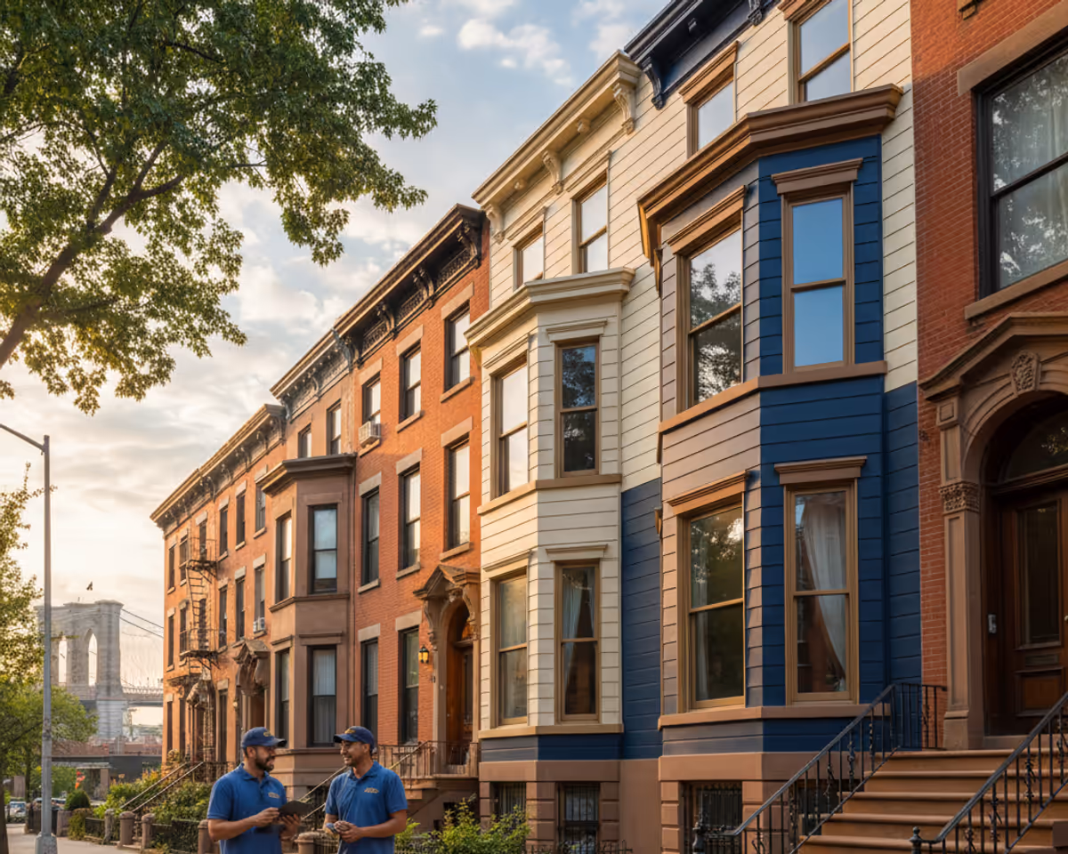 TipTop Roofing team inspecting siding on a building in a vibrant Brooklyn neighborhood, showing attention to...