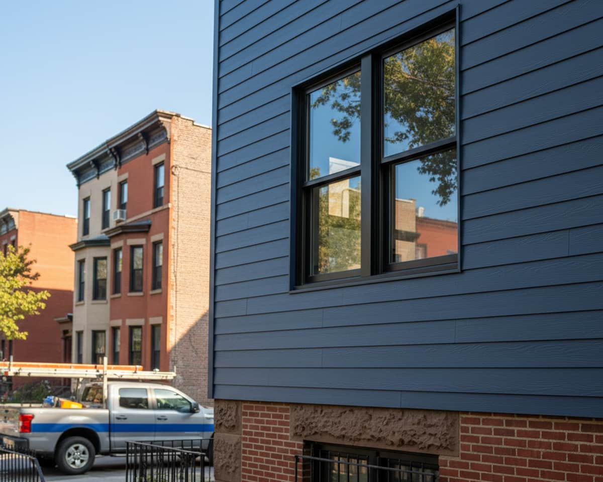 Close-up of newly installed, durable vinyl siding on a building in East Williamsburg, showing texture and color