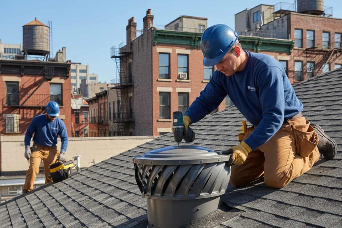 Roofing technician installing a new roof vent on a shingle roof in Williamsburg, ensuring quality attic venting