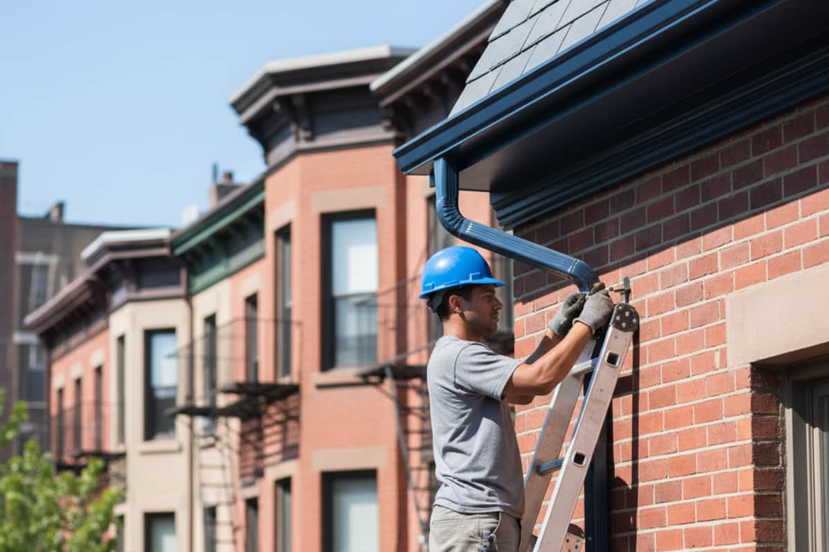 Close-up of a sturdy aluminum gutter installation along a residential roofline, with a clear blue sky.