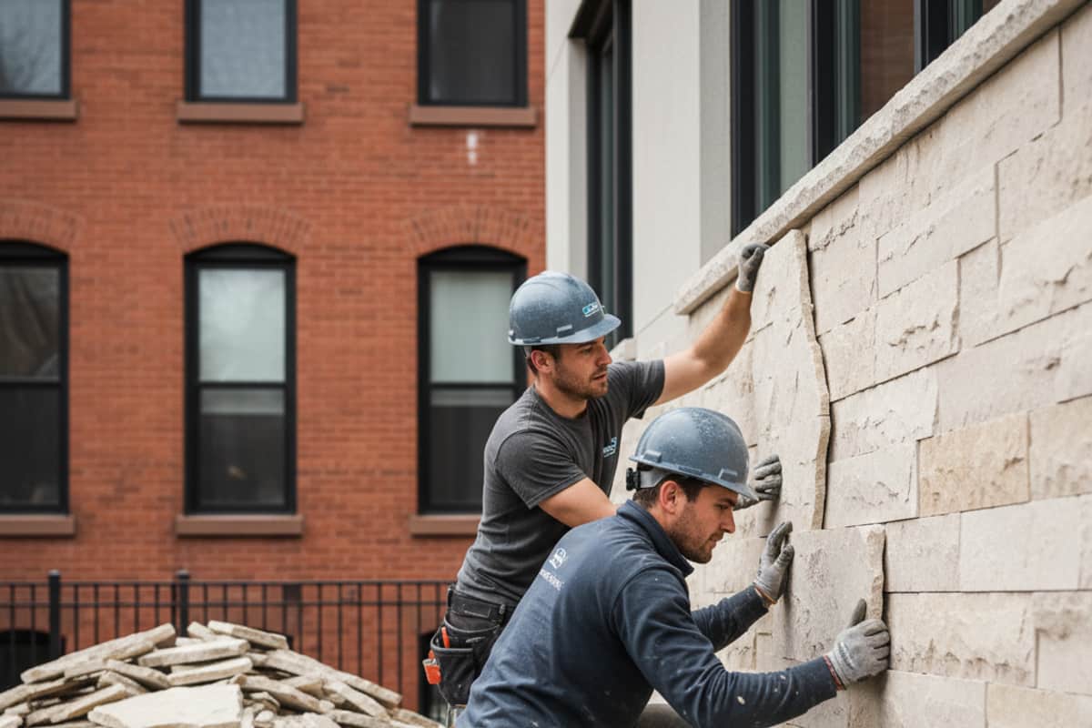 Team of masons working on installing an elegant stone veneer siding on a modern home.