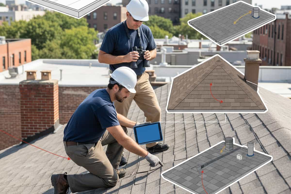 Illustration showing different roof types and common inspection points for thorough roof maintenance.