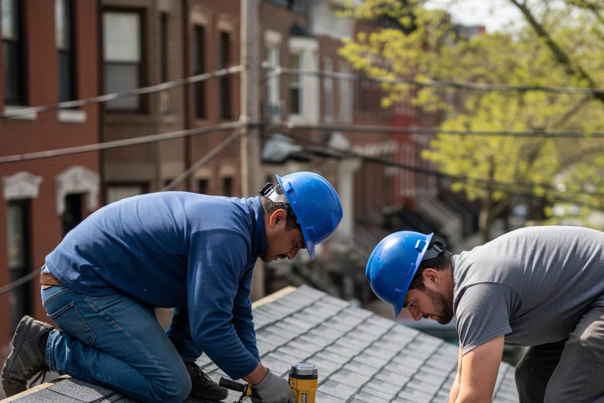 Close-up of new architectural asphalt shingles installed on a residential roof, highlighting detailed roof...