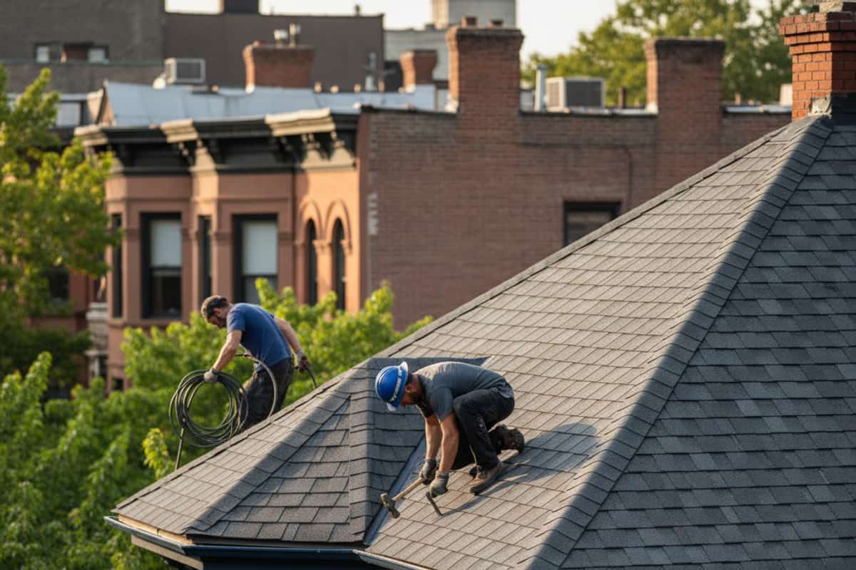 A beautifully finished new roof with asphalt shingles, protecting a Williamsburg home with lasting durability.