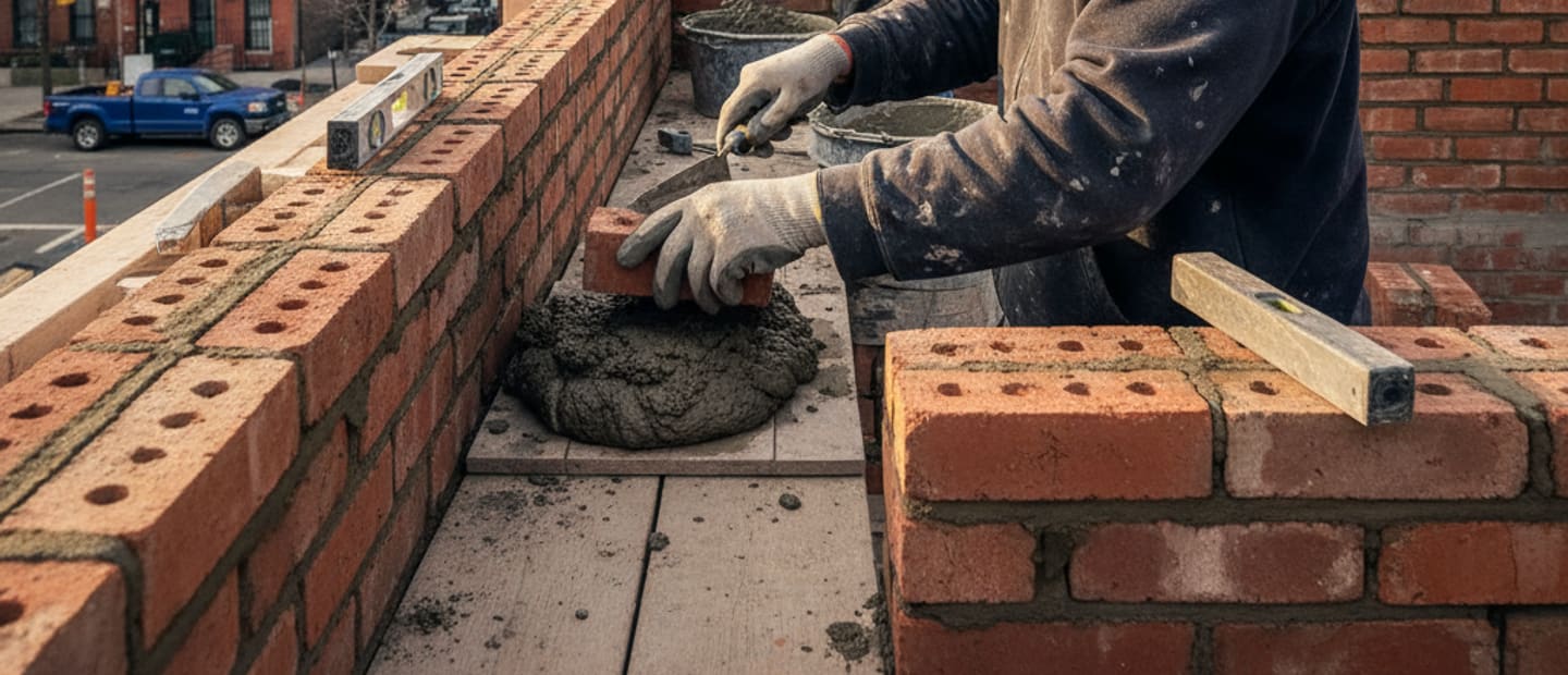 Skilled mason carefully laying bricks for a new construction project in Brooklyn.