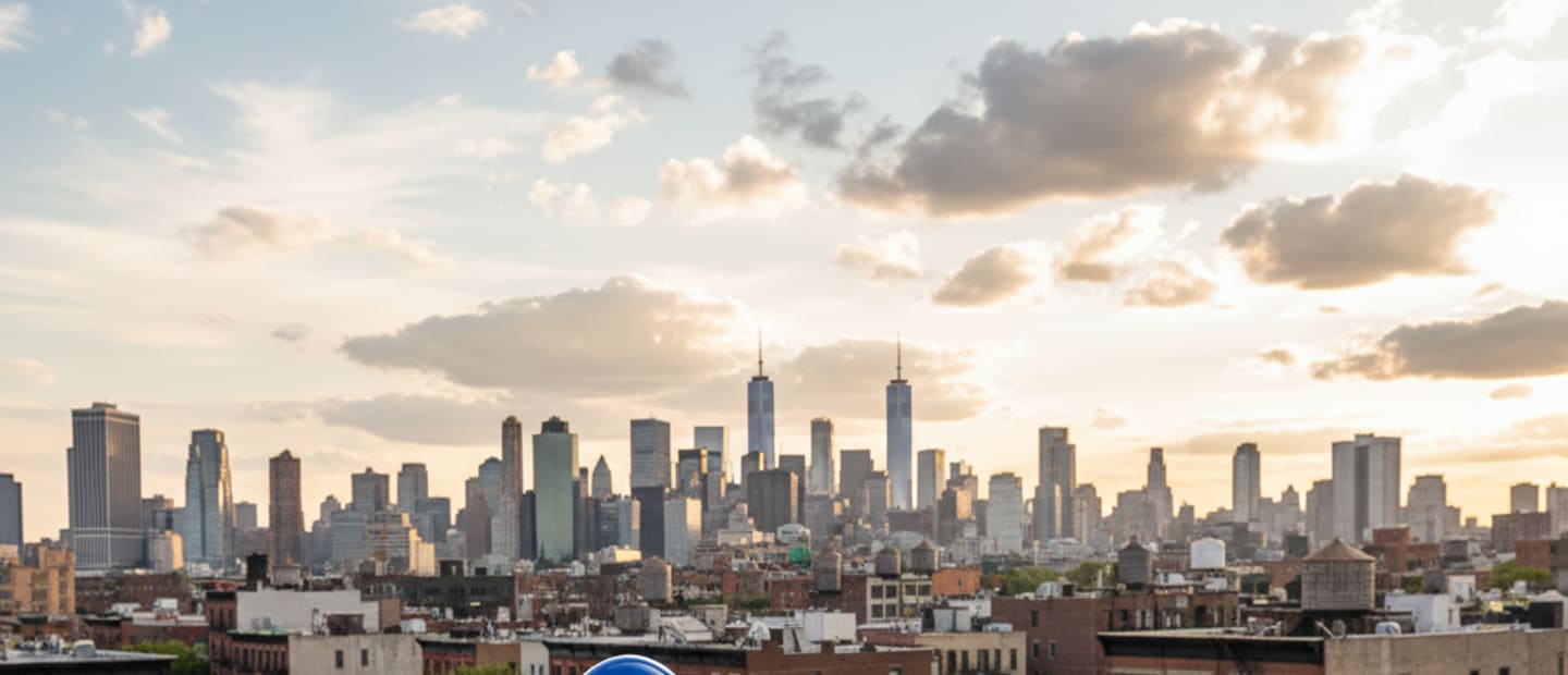 Roof inspection in progress by a certified TipTop Roofing professional, overlooking the Williamsburg skyline.