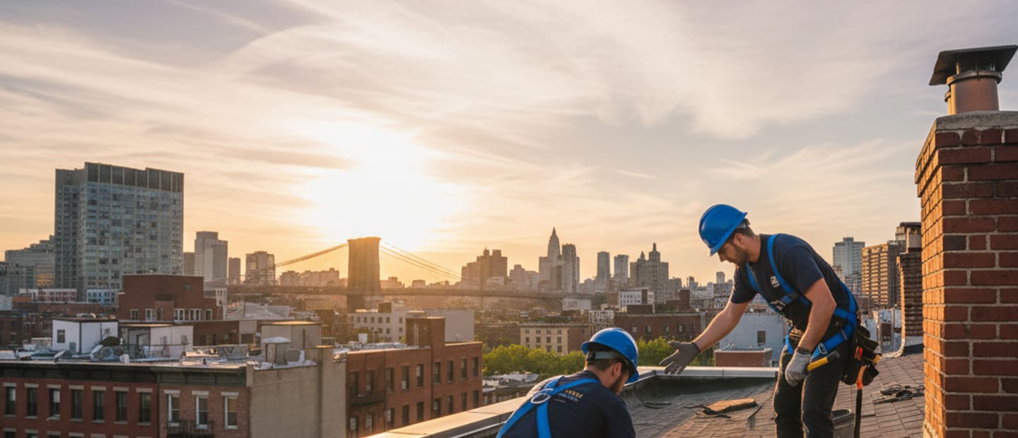 Skilled crew on a Williamsburg residential roof, overlooking the skyline, performing diligent roof repair.