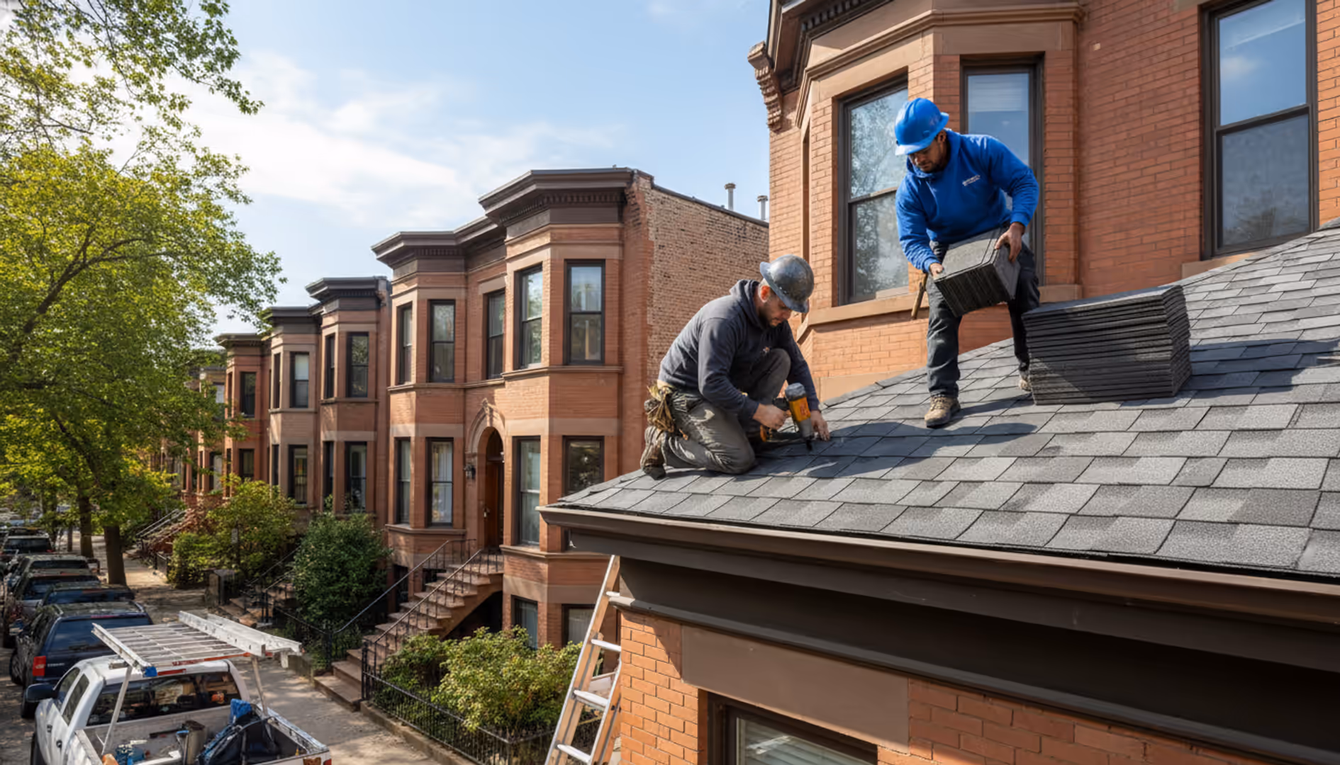 New shingle roof installed on a Brooklyn brownstone, showing expert craftsmanship and modern materials.
