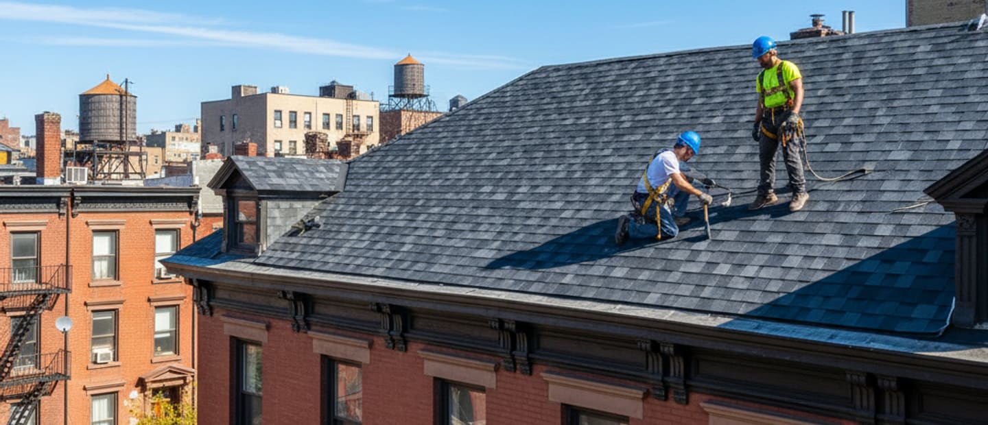 Newly installed shingle roof with a clear blue sky over a pristine Brooklyn home.
