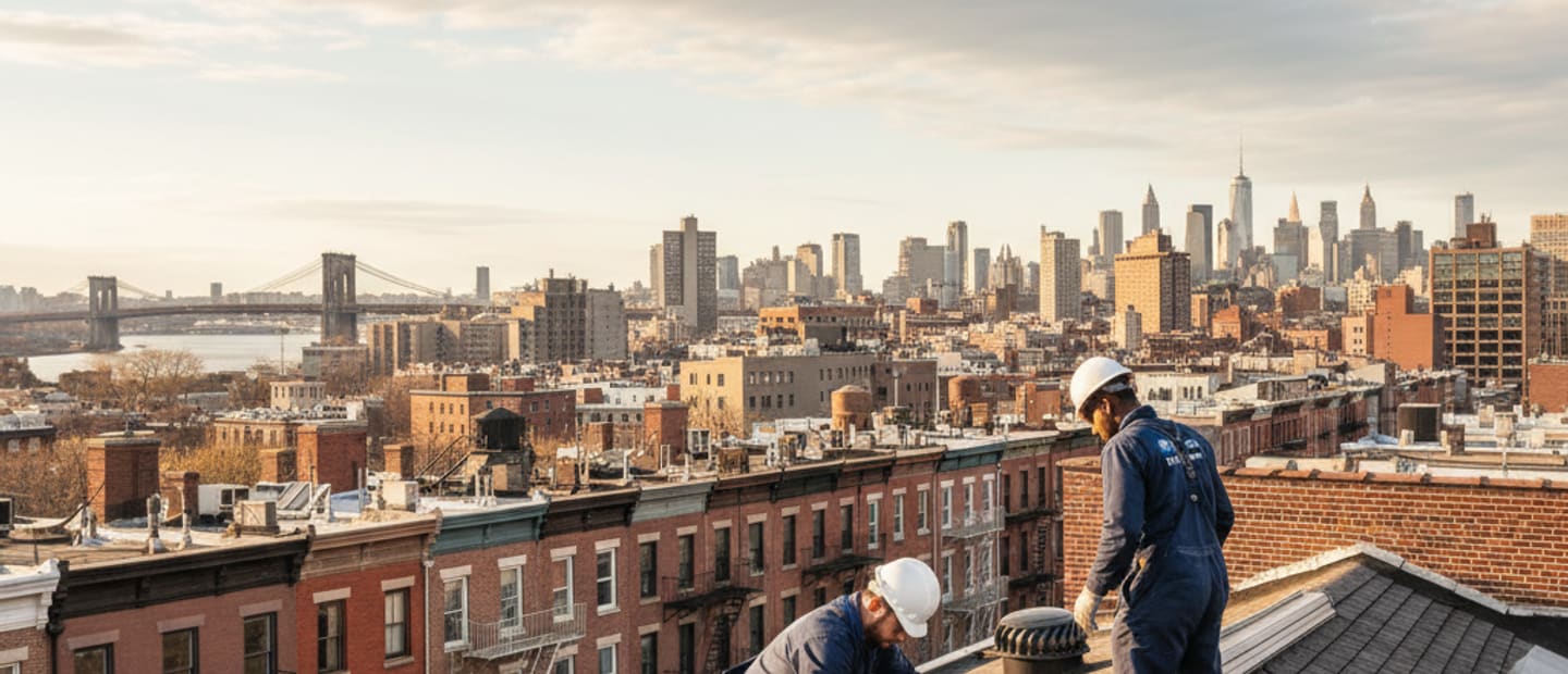 Roof with new attic vents against a Brooklyn skyline backdrop, showcasing professional attic venting installation.