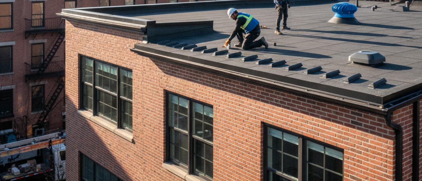 A modern Bushwick home with new, properly installed attic vents on the roof, showing clear skies above.