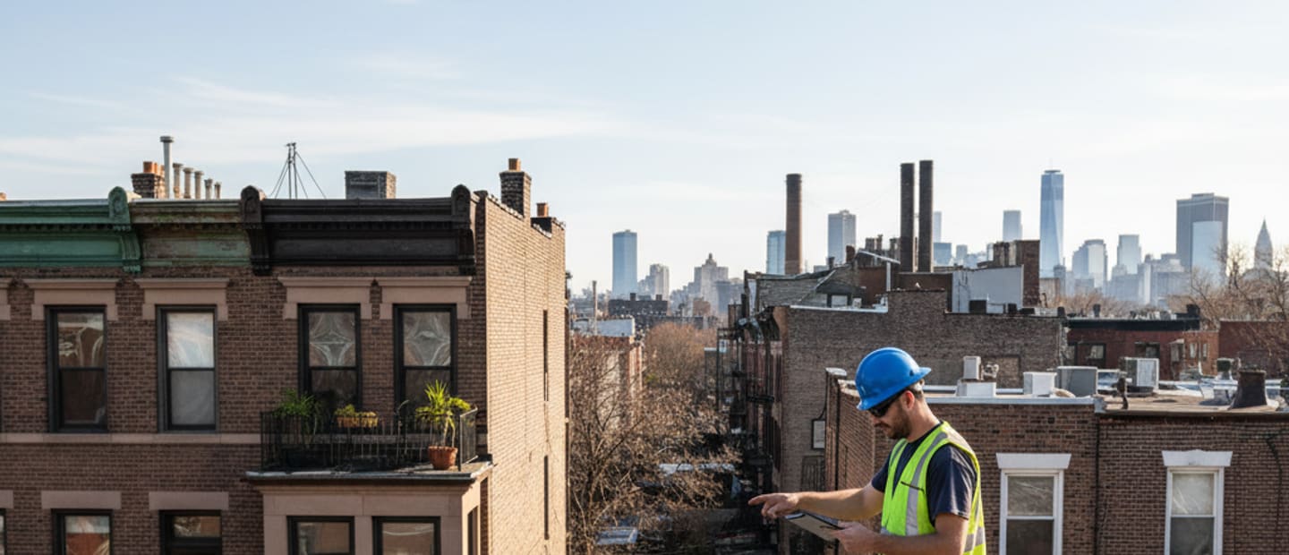 Roofers installing a new attic ventilation system on a Greenpoint home's roof.