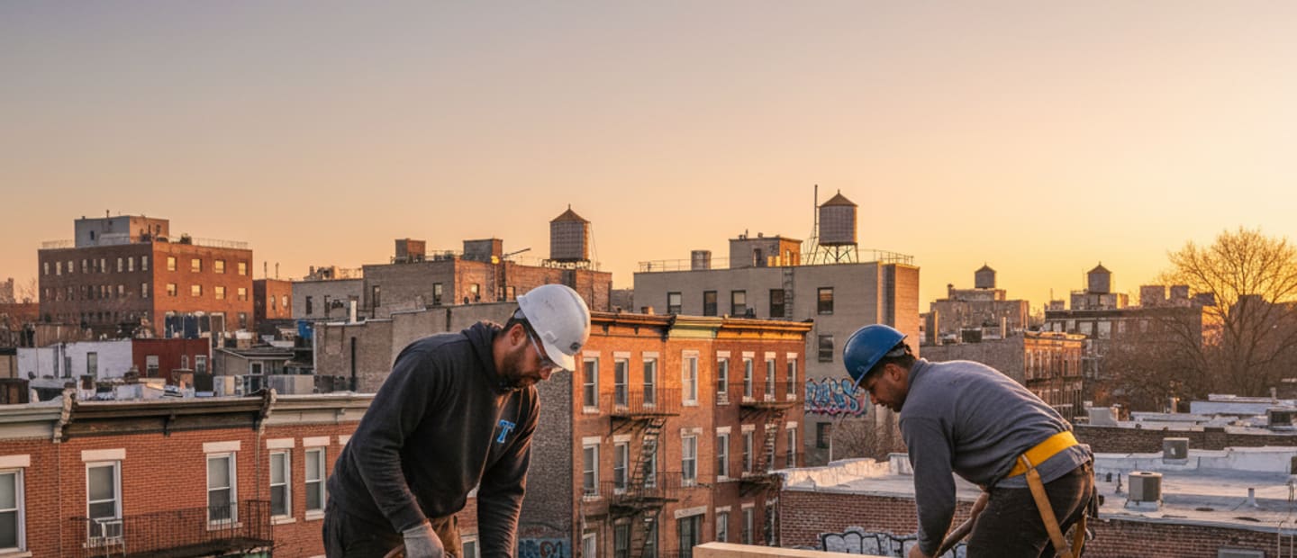 Skilled roofers installing a new flat roof system on a residential building in Bushwick, Brooklyn.
