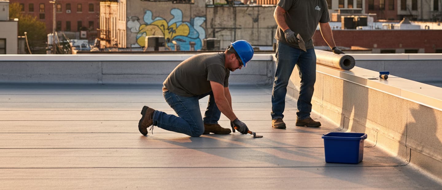 A wide, well-maintained flat roof on a modern commercial building in East Williamsburg at sunset.