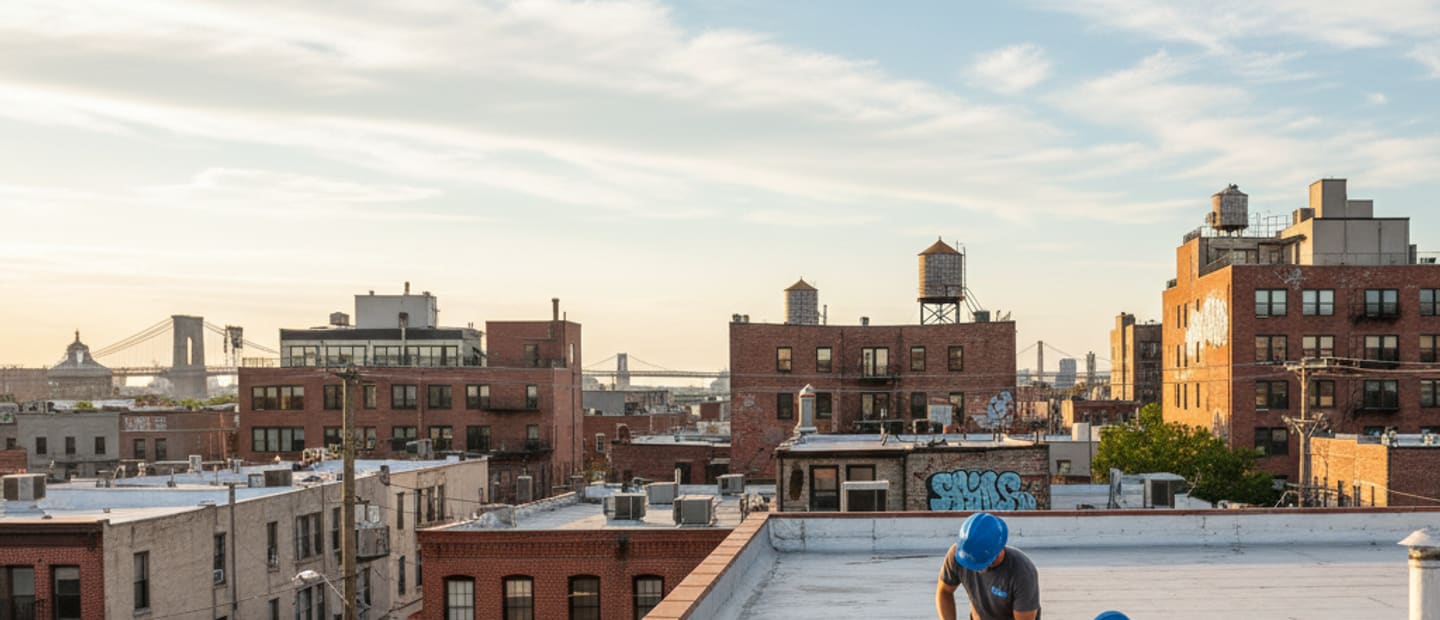 Aerial view of Bushwick, Brooklyn, highlighting diverse residential buildings and rooftops under a clear sky.