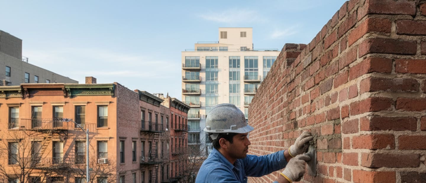 Skilled mason carefully working on brick wall restoration in East Williamsburg