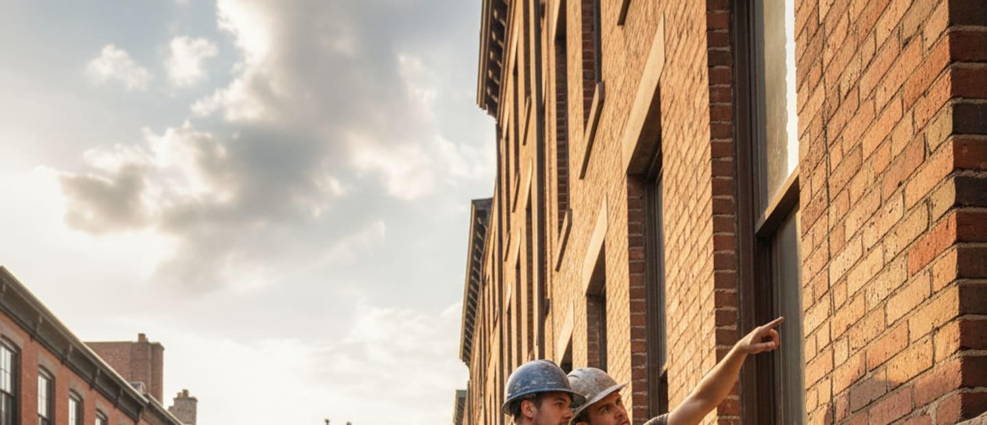 Experienced masons performing expert brick repair on a classic Williamsburg building facade.