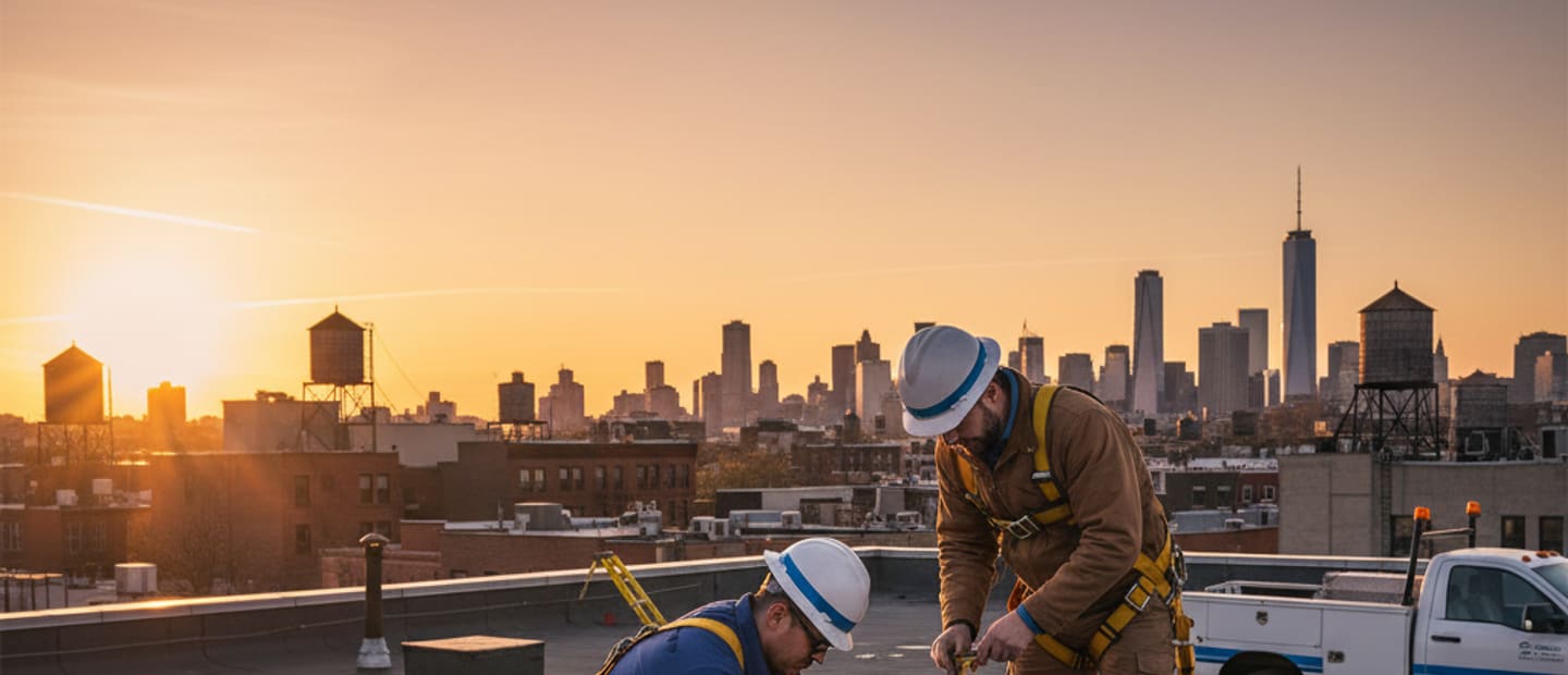 Professional roofing contractor inspecting a commercial roof in the Brooklyn skyline at sunset