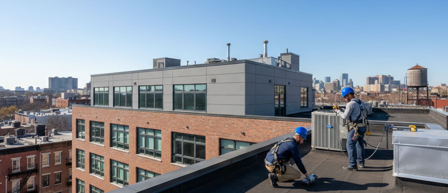 Panoramic view of a modern building in Bushwick, Brooklyn, with a durable flat roof under a clear sky.