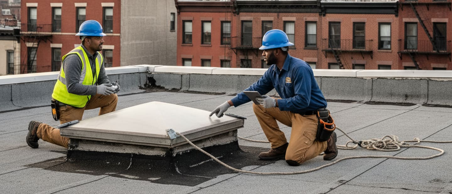 Roof inspector examining a residential roof in East Williamsburg with Brooklyn skyline in background.