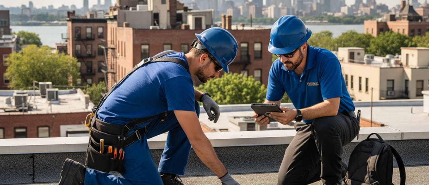 Roof inspector on a residential roof in Greenpoint, Brooklyn, performing a detailed roof inspection.