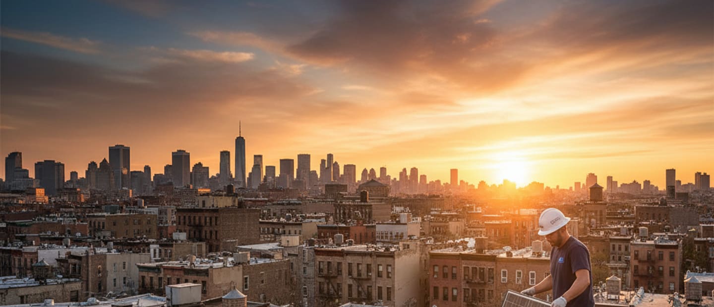 Panoramic view of Brooklyn rooftops at sunset, highlighting diverse residential and commercial properties.