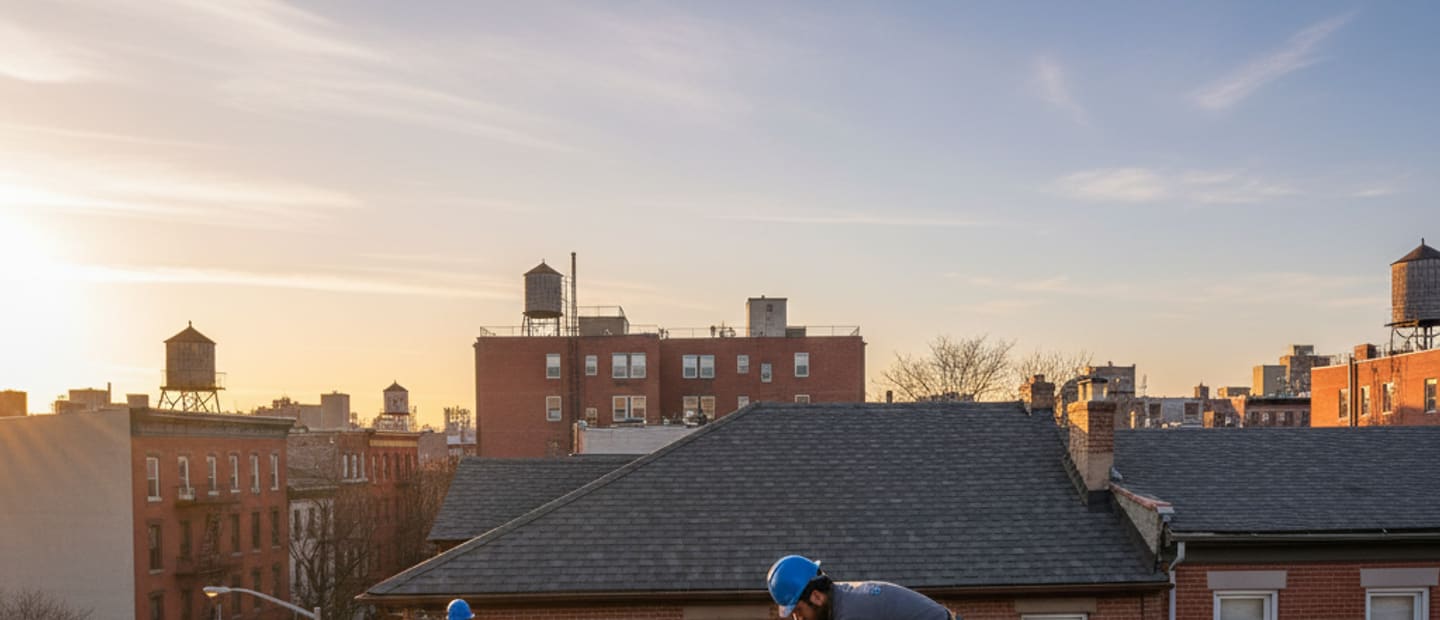Newly installed roof on an East Williamsburg home with a clear sky backdrop.